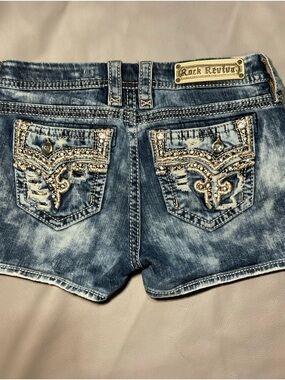 Rock Revival Distressed Embellished Blue Denim Jean Shorts